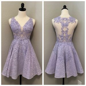 NEW JOVANI SZ 2 LIGHT LAVENDER FIT FLARE NUDE ILLUSION BEADED LACE FORMAL DRESS